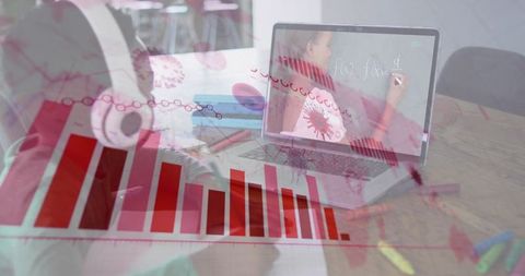 Woman studying math online while data charts and virus graphics overlay