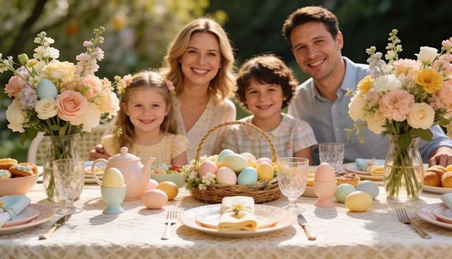 Smiling family celebrating easter at pastel backyard brunch with wicker egg basket