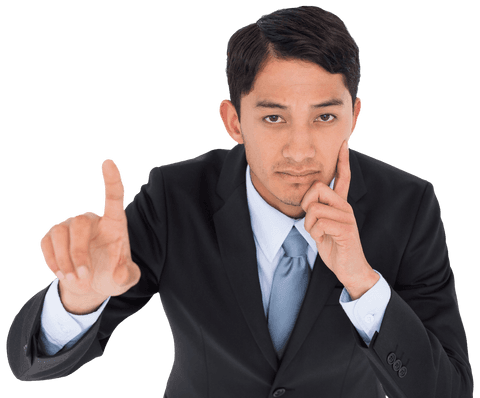thoughtful asian businessman raising index finger on transparent background - Download Free Stock Videos Pikwizard.com