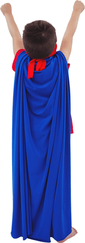 Back View of Child in Cape Pretending to be Superhero on Transparent Background