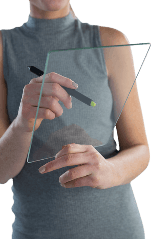 Businesswoman Interacting with Transparent Glass Interface