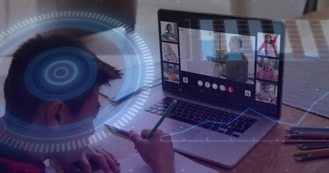 Child studying at home with laptop video class and hud graphics for remote learning technology