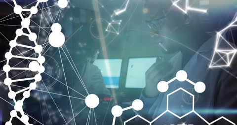 Scientist Analyzing Data with Digital Technology Over DNA Animation