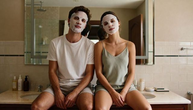 Couple sitting on bathroom vanity wearing sheet masks relaxing together skincare routine