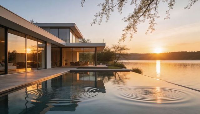 Modern lakefront villa reflecting golden sunset over infinity pool with rippling water