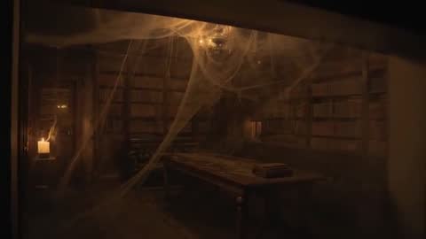 Mysterious Abandoned Library with Candlelit Ambiance