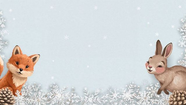 Peeking fox and smiling rabbit framing frosty winter border with blue copy space