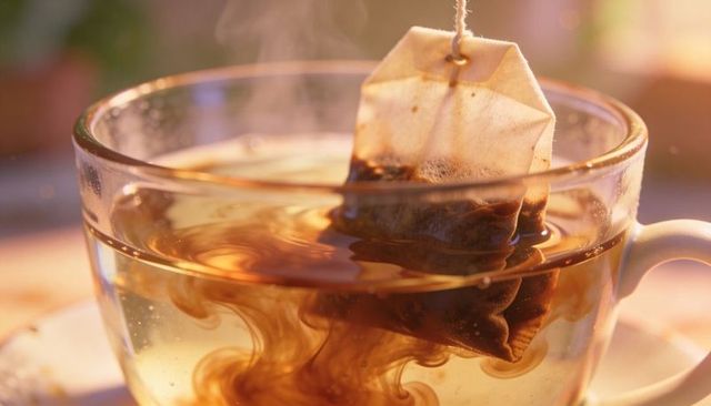 Steeping glass teacup releasing amber tea swirls and steam with tea bag tag