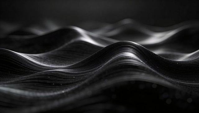 Monochrome Futuristic Wave Ribbons with Grooved Texture, Specular Highlights, Dust Flecks