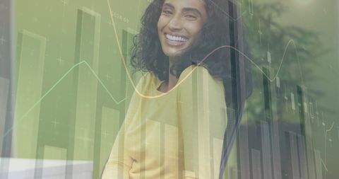 businesswoman smiling amid financial data overlay - Download Free Stock Images Pikwizard.com