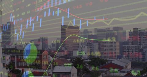 Futuristic Financial Analysis Overlaying Urban Skyline