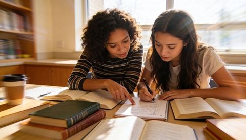 Two students studying in sunlit library pointing at notes and writing in spiral notebook