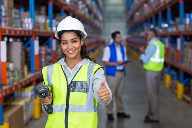 Female warehouse worker showing thumbs up sign in warehouse