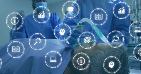 Anesthesiologist monitoring patient on ventilator with digital hud medical data overlays