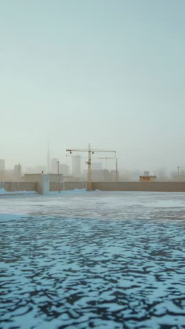 Vertical rooftop video with patchy snow, subtle camera shifts and construction crane