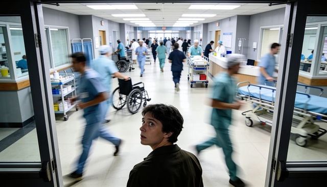 Young man looking back at busy emergency corridor with rushing medical staff and gurneys