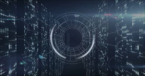Futuristic circular hud data tunnel with digital panels and light flares