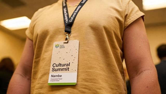 Cultural summit attendee wearing name badge on black lanyard with mustard shirt torso close-up
