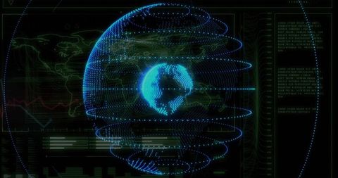 Holographic data globe rotating in futuristic digital dashboard neon blue point cloud