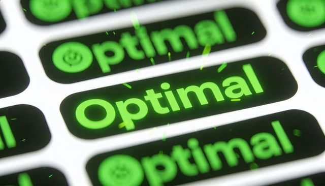 Neon green optimal badge on glossy black rounded labels repeating macro diagonal