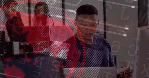 Professional Analyzing Computer Data Overlaid with World Map Visualization