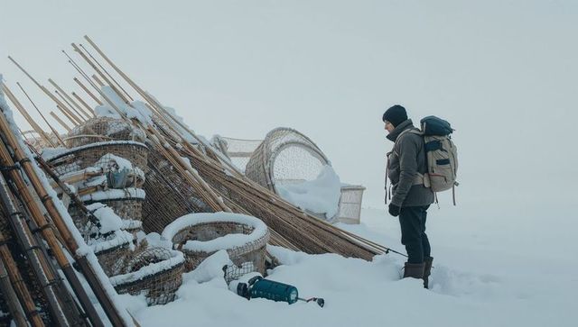 Standing angler facing stacked fish traps on snowy plain wearing backpack and winter gear