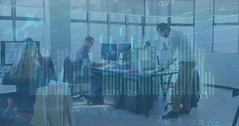 Financial Data Overlays in Diverse Modern Office Setting - Download Free Stock Images Pikwizard.com