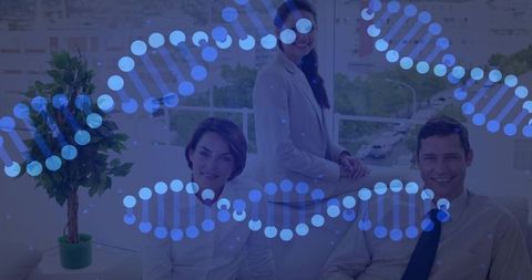 Biotech team collaborating in modern office with dna helix overlay representing genetic research