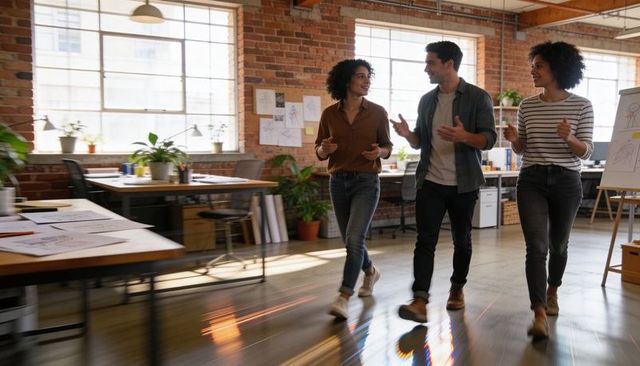 Walking colleagues brainstorming in sunlit brick loft office, casual teamwork and collaboration