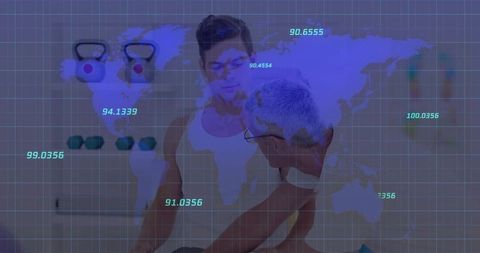 Personal trainer coaching client with real-time performance analytics overlay, kettlebell form