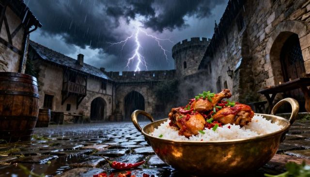 Stormy medieval courtyard with spicy chicken and rice in brass bowl lightning scene