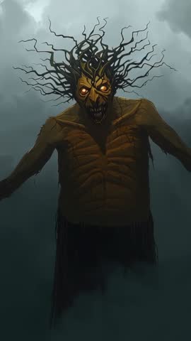 Emerging tree-entity with glowing eyes rising from swirling fog — vertical cinematic horror