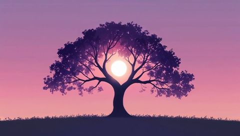 Sun halo behind dreaming tree canopy at sunset shrouding in serene twilight