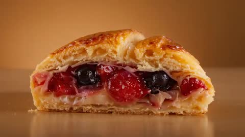 Close-up footage showing halved glazed mixed berry turnover revealing creamy filling and flaky crust