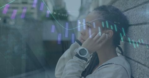 Woman Listening to Music with Financial Growth Graphics