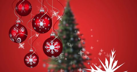 Festive Christmas Baubles and Blurred Tree on Red Background - Download Free Stock Images Pikwizard.com
