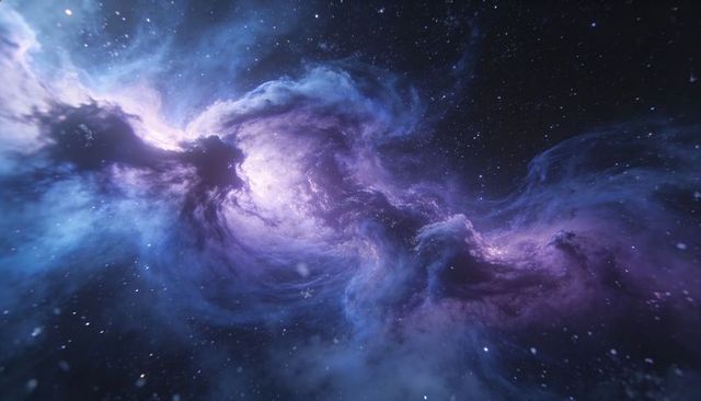 Swirling purple-blue nebula with luminous core, dark dust lanes and stars