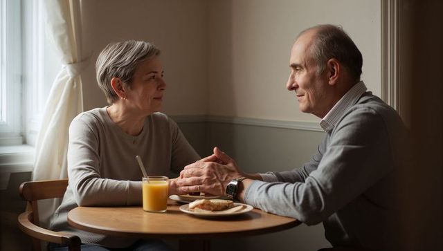 Senior couple holding hands over breakfast in sunlit nook, warm morning conversation