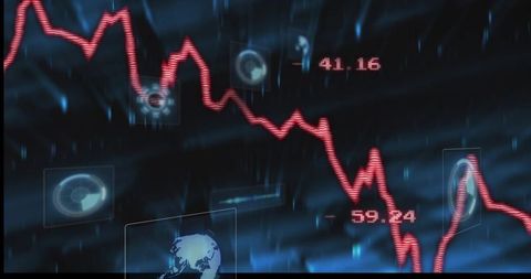 Futuristic finance dashboard displaying red jagged downtrend line with hud numeric data