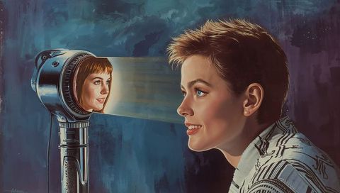 Shorthaired Woman Watching Luminous Portrait Projection from Vintage Projector