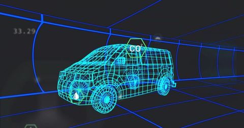 Futuristic blue wireframe van inside virtual tunnel with co2 hud and grid visualization