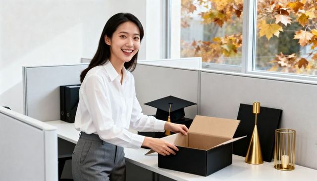 Smiling asian professional opening black presentation box at office cubicle with mortarboard
