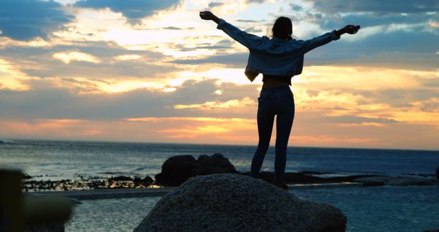 Woman Celebrating Freedom at Sunset on Rocky Beach - Download Free Stock Images Pikwizard.com