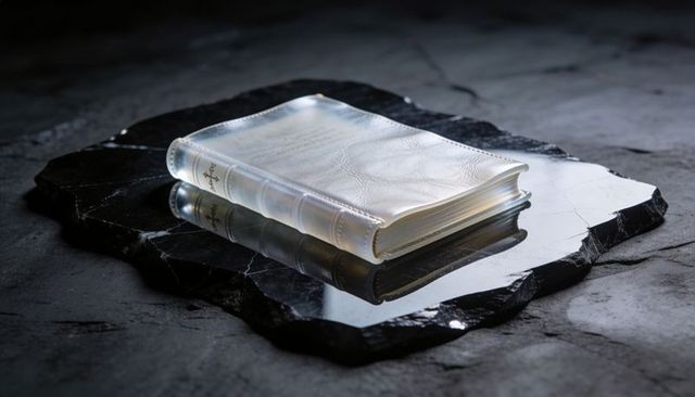 Pearlescent white leather-bound tome resting on black marble reflecting elegant luxury