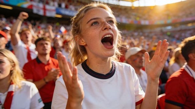 Cheering blonde teen celebrating goal in sunny stadium crowd, fans reacting at sports event