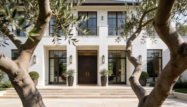 Olive tree framed luxury entrance to modern white facade with double doors and brass knobs