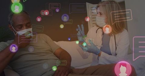 Home telehealth consultation masked clinician consulting coughing patient with chat overlays