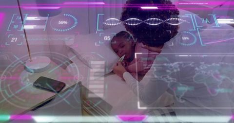Mother checking child fever with digital thermometer and futuristic hud telehealth interface