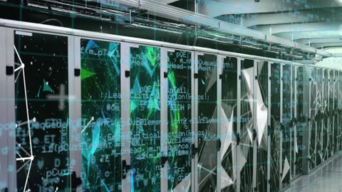 Futuristic Server Room with Digital Data Visuals