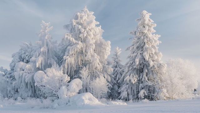 Evergreens draping in snow and icicles on frost-covered winter morning